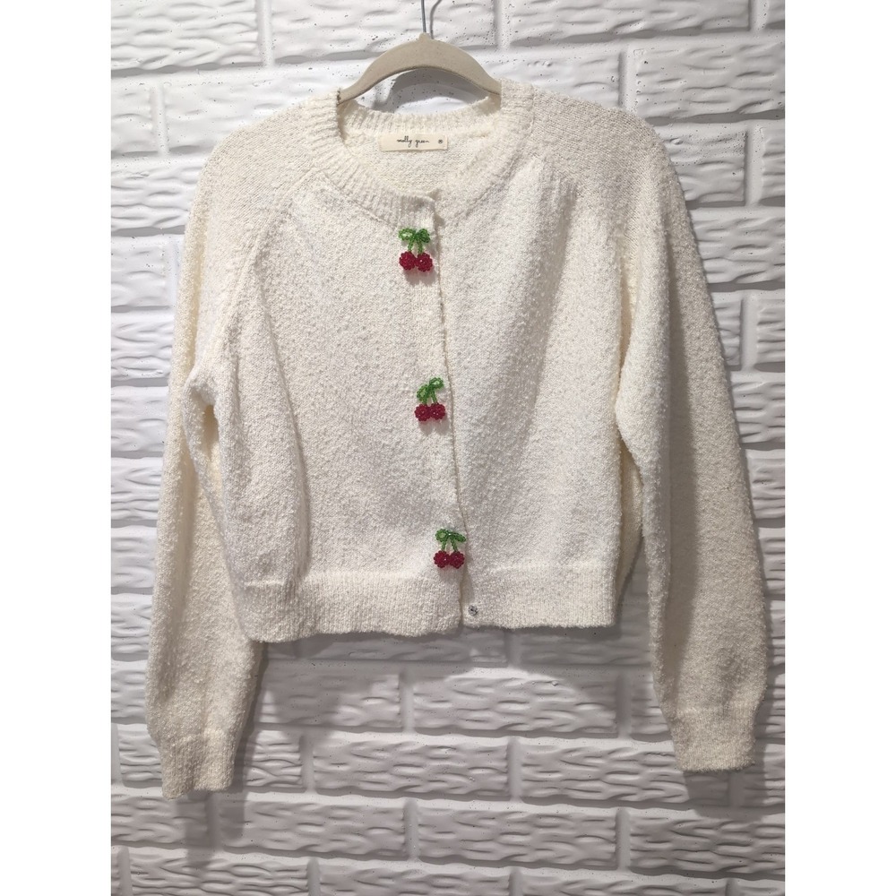 Molly Green White Fuzzy Beaded Cherry Cropped Cardigan Sweater BSW2942 Medium